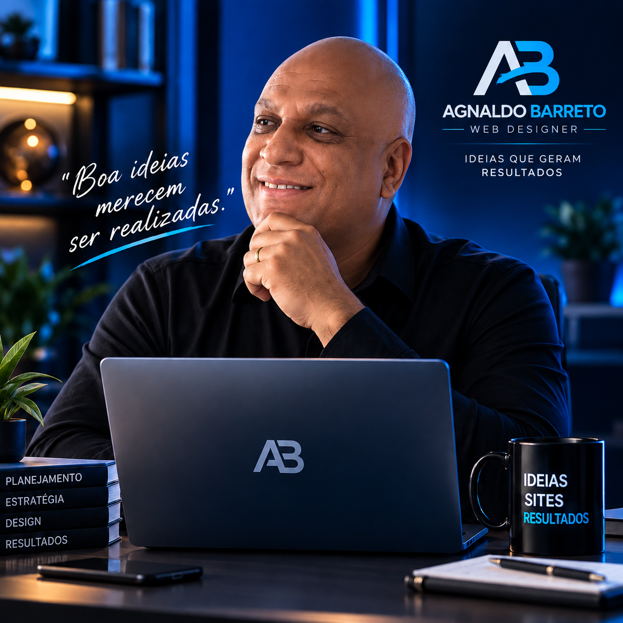 Retrato oficial de Agnaldo Barreto com notebook AB em ambiente corporativo azul